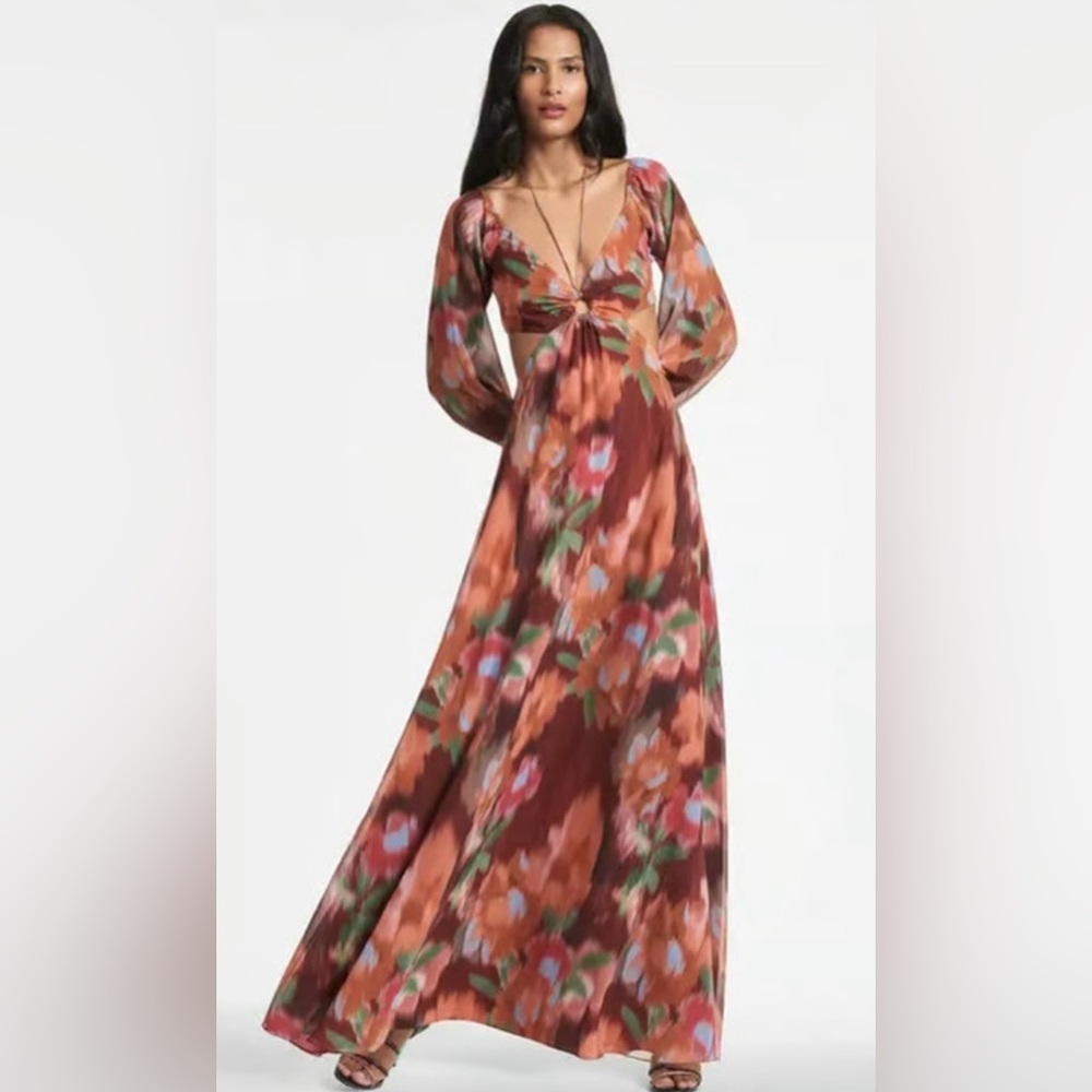 Sachin + Babi Cassandra Bordeaux Ikat Print Gown Size 12 NWT Cutout Maxi